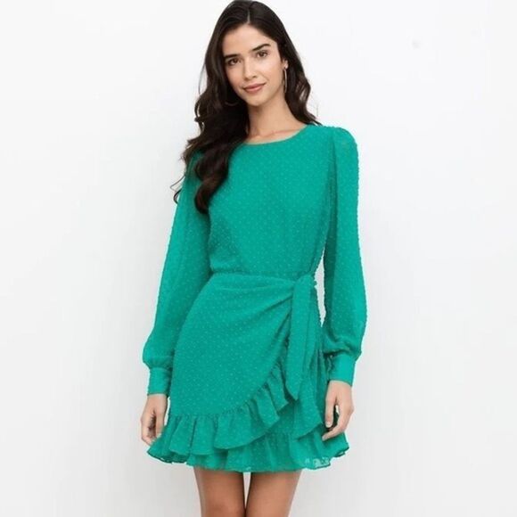 NWT YUMI KIM Daphne Faux Wrap Dress - Jewel Emerald Swiss Dot Small - Picture 12 of 12